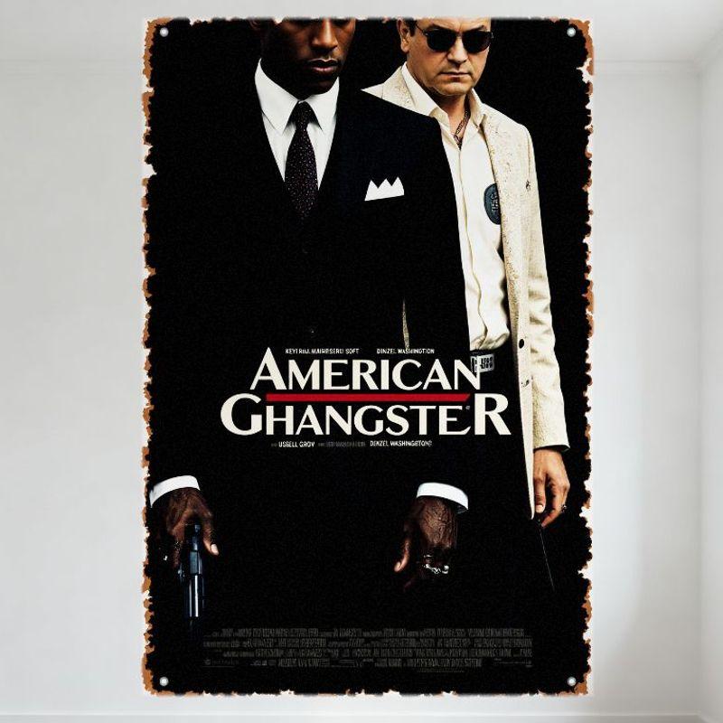 American Gangster Vintage Metal Tin Sign, Denzel Washington & Russell Crowe Crime Drama Poster, Rustic Aged Metal Border for Man