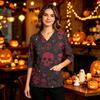 Women's Casual Halloween Print Uniform Top with V-Neck, Pockets and Side Slit, Three-Quarter Sleeve
