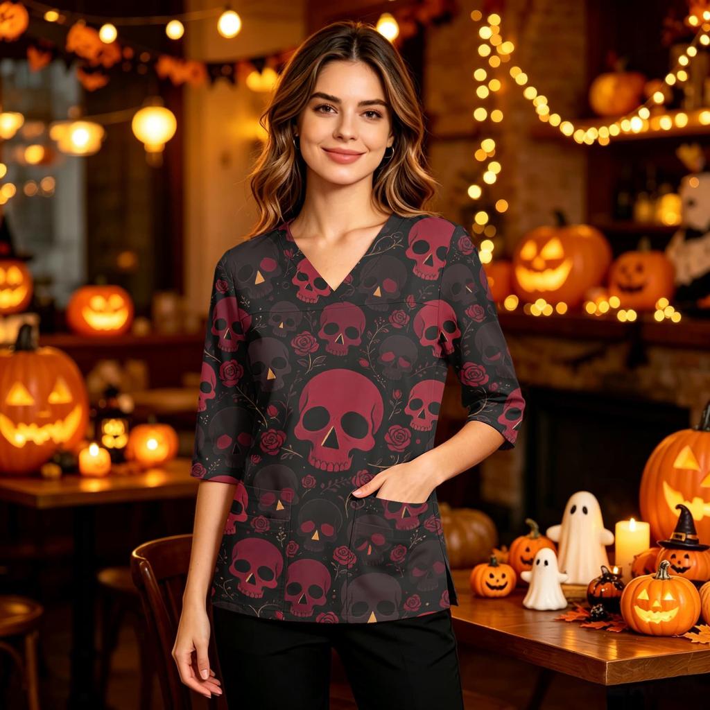 Women's Casual Halloween Print Uniform Top with V-Neck, Pockets and Side Slit, Three-Quarter Sleeve