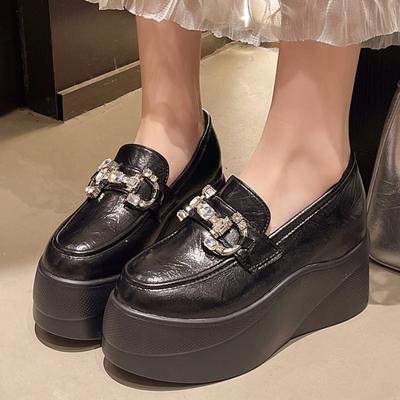 Women 8 CM Platform Shoes Punk Leather Rhinestone Decoration Loafers High Quality Cool Retro Chunky Oxfords Casual Outdoor Shoes
