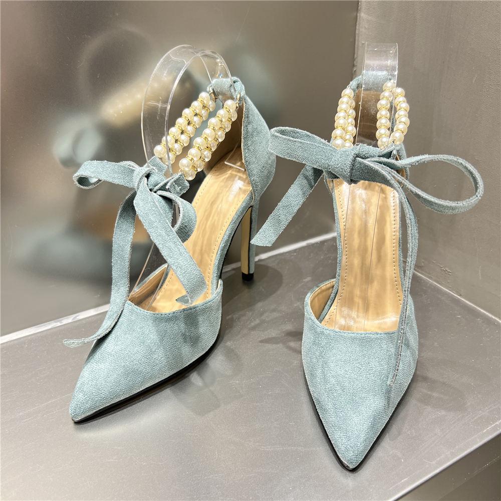 Sexy Thin High Heels Party Women 'S Pearls Beading Embellished Pumps Pointed Toe Modern Lady Ankle Strap Shoes