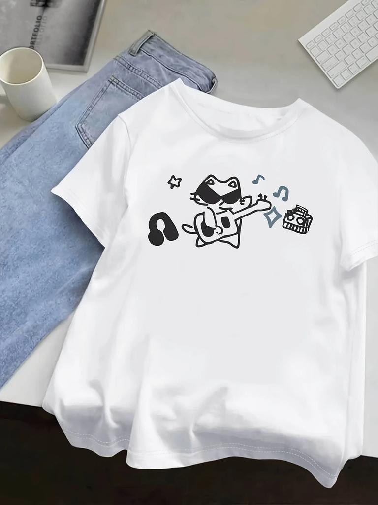 Casual round neck short unisex T-shirt for women street clothes Harajuku fashion t-shirts with cute cat touching