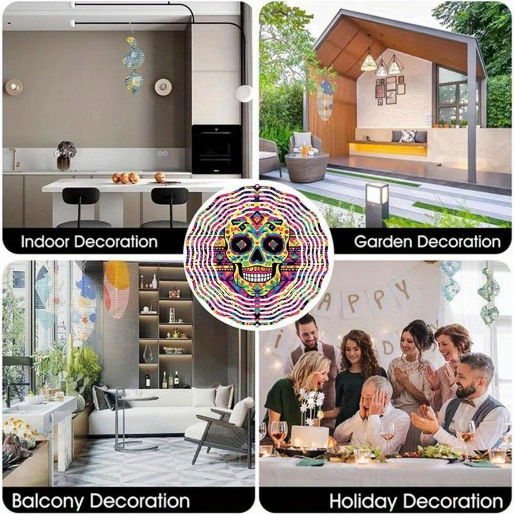 Colorful Skull Wind Chime – 360° Rotating Metal Outdoor Hanging Decor, Weather-Resistant Garden Art for Patio, Balcony & Courtyard – No Electricity