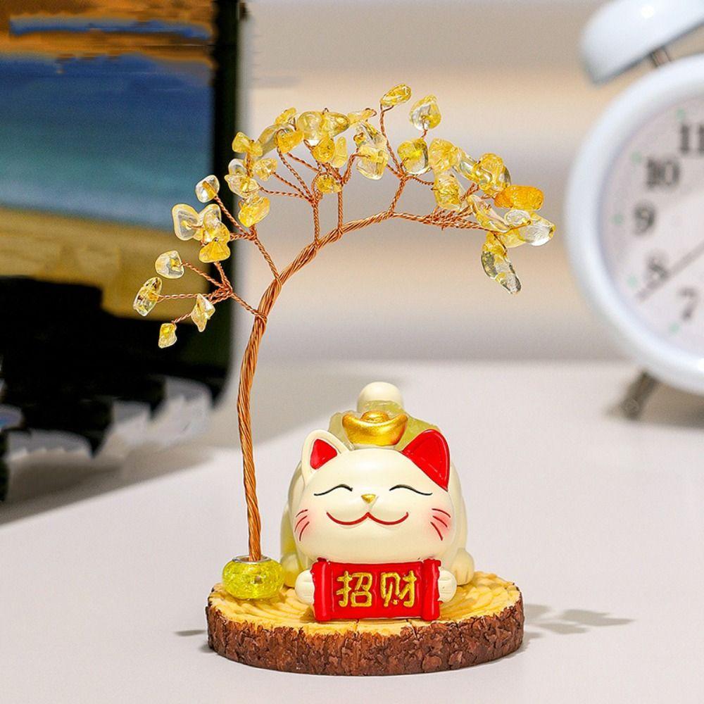 Natural Crystal Fortune Cat Colorful Gravel Energy Tree Cute Cat Crystal Tree  Christmas Gifts