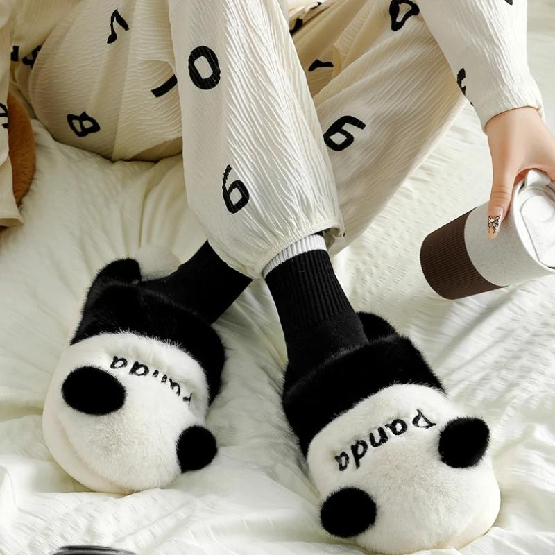 Fashion Winter Panda Color Matching Slippers Women Cartoon Cute Plush Warm Home Thick Sole Anti Slip Cotton Shoes Zapatos 2025