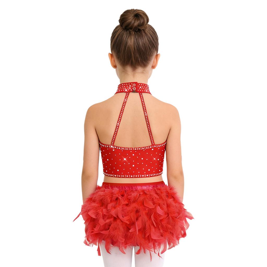 Girls Shiny Tassel Feather Latin Dress Halter Sleeveless Strappy Back Crop Top Skirt Set