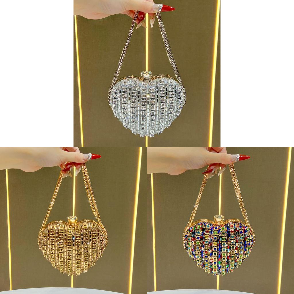 Pochette a Forma di Cuore con Strass Scintillanti e Tracolla a Catena per Eventi Serale