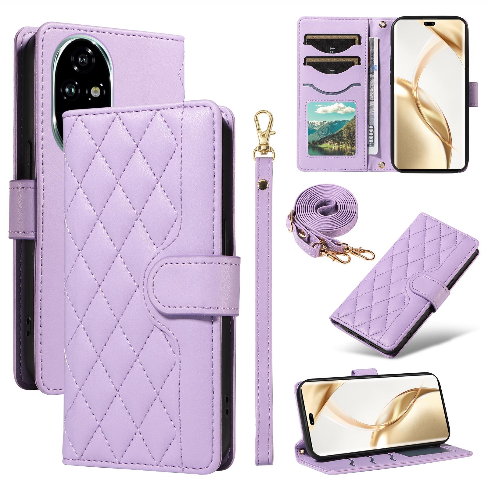 

Для Honor 200 Pro 5G Чехол-кошелек Ромбовидный Кожаный Чехол для телефона с Плечевым ремнем, Ремешком на запястье Light Purple