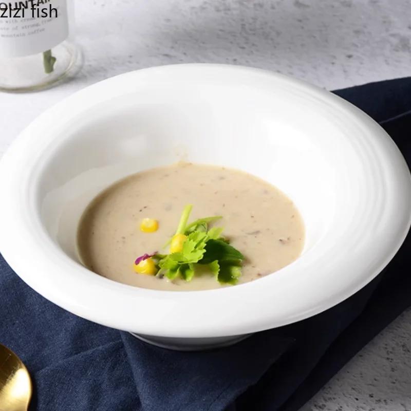 Large Capacity Pure White Soup Bowl Ceramics Dining Plate Dessert Bowl Fruit Plate Salad Bowls Noodle Bowls Dim Sum Dish Tray