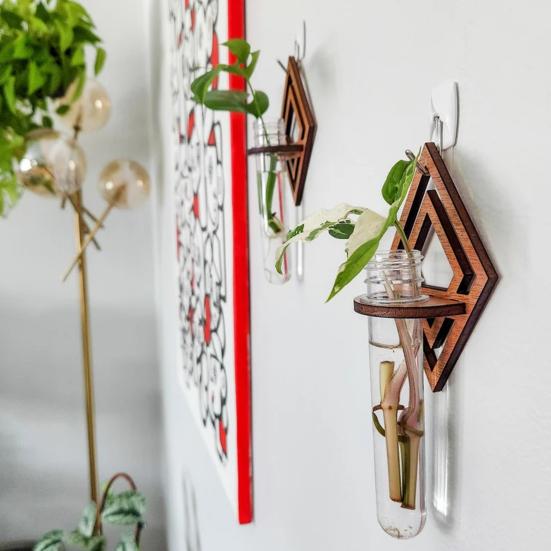 Yousheng Wall Planter for Indoors Clear Planters with Wooden Hollow Stand Plastic Test Tubes Vertical Propagation Station for Hydroponics Air Plants