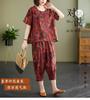1116 summer new fat mm retro casual linen cotton printing round neck pullover short sleeve suit top cropped pants women