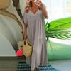 Summer Women Loose Short Sleeve Swing Dress Solid Color Large Size V Neck Fashion Long