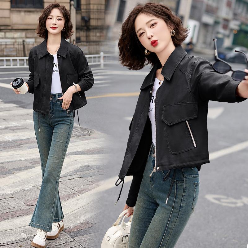 

Винтажная кожаная куртка женская весна и осень новая свободная черная короткая куртка мотоциклетный топ 2XL чёрный