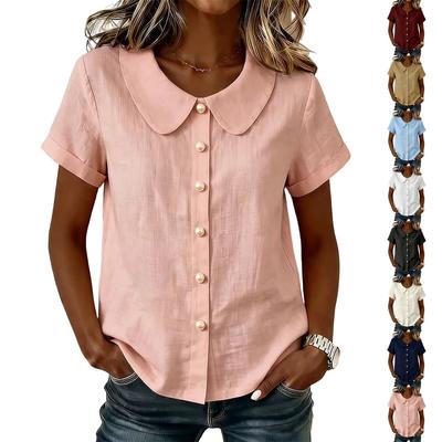 Women's Fashion New Summer Loose Color Short Sleeve Casual Cotton Linen Collar Button-Decorated Shirt Top