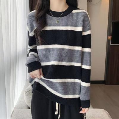 Coreano solto emagrecimento preguiçoso listrado suéter de malha suéter feminino vestindo novo outono e inverno malha base retro color blocking