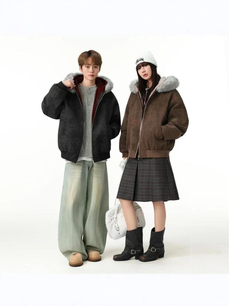 Unisex Double-Sided Wear Snow Eagle Fur Collar Hooded Jacket - Warm Cotton Autumn/Winter Plus Velvet Couples Design