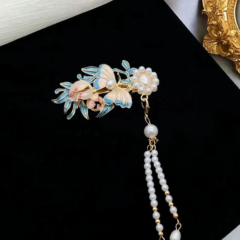 Chinese Style Enamel Butterfly Tassel Hairpin Women'S Hanfu Ancient Style Side Clip Hair Accessory
