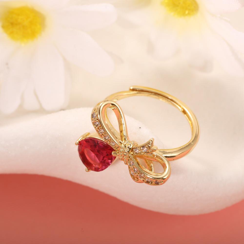 

18k Rose Red Zircon Bow Ring - Adjustable Luxury Niche Design