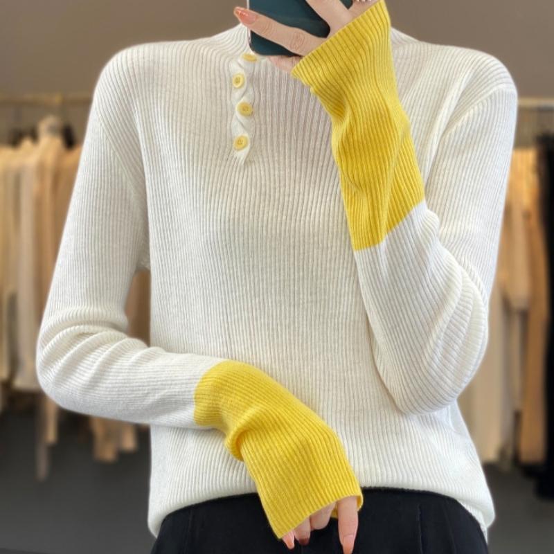 IHUASU Half Open Turtleneck Jumper Women's Autumn and Winter Design Sense of Colour Blocking Wool Knitted Bottoming Shirt
