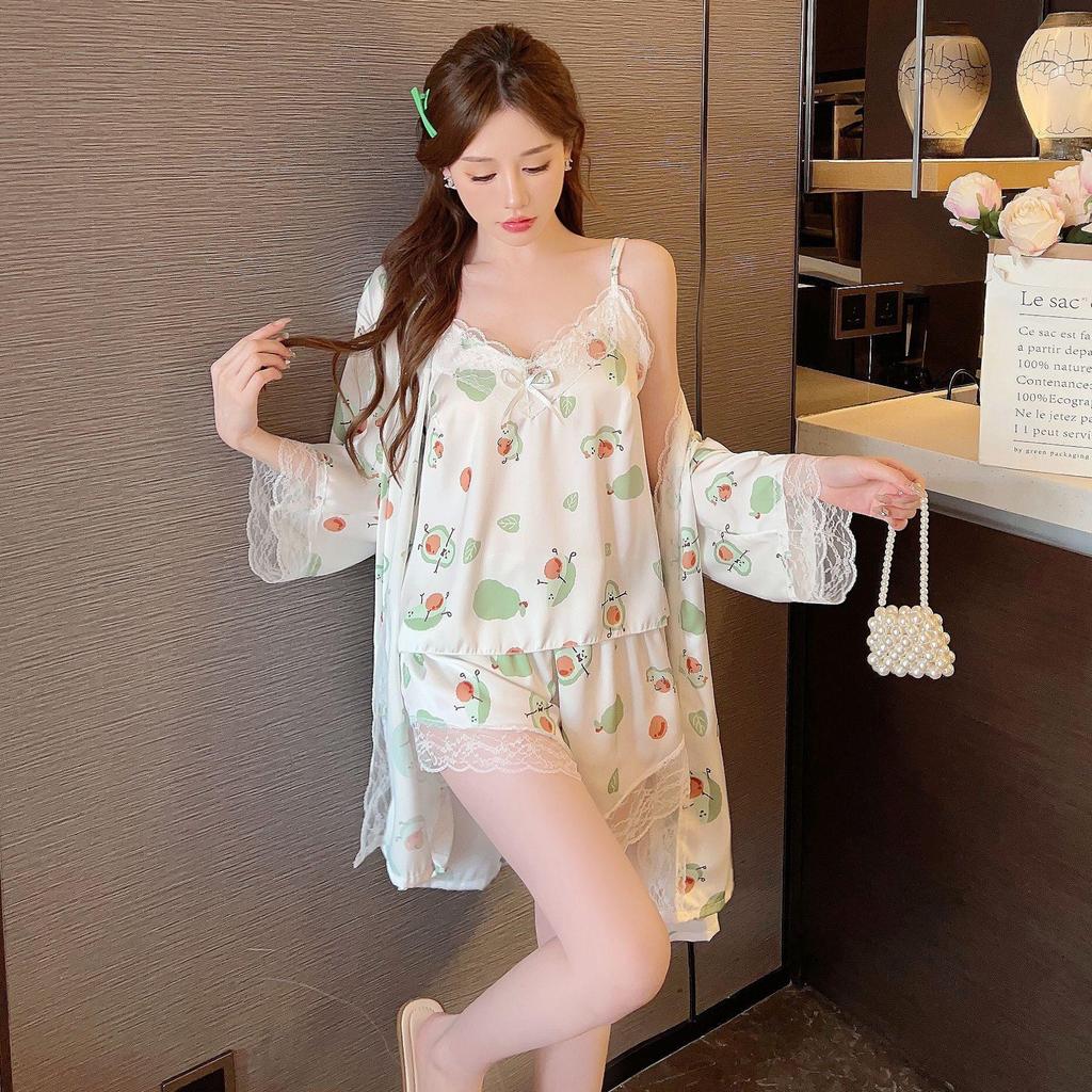 Women's Summer Ice Silk Lace Pajama Set - Sexy Japanese-Style Robe with Sling Shorts