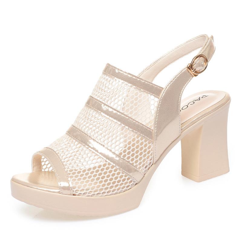 Middle-Aged Women's Sandals Summer Mesh High Heels Temperament Waterproof Platform One-Piece Fish Mouth Comfortable Elegant