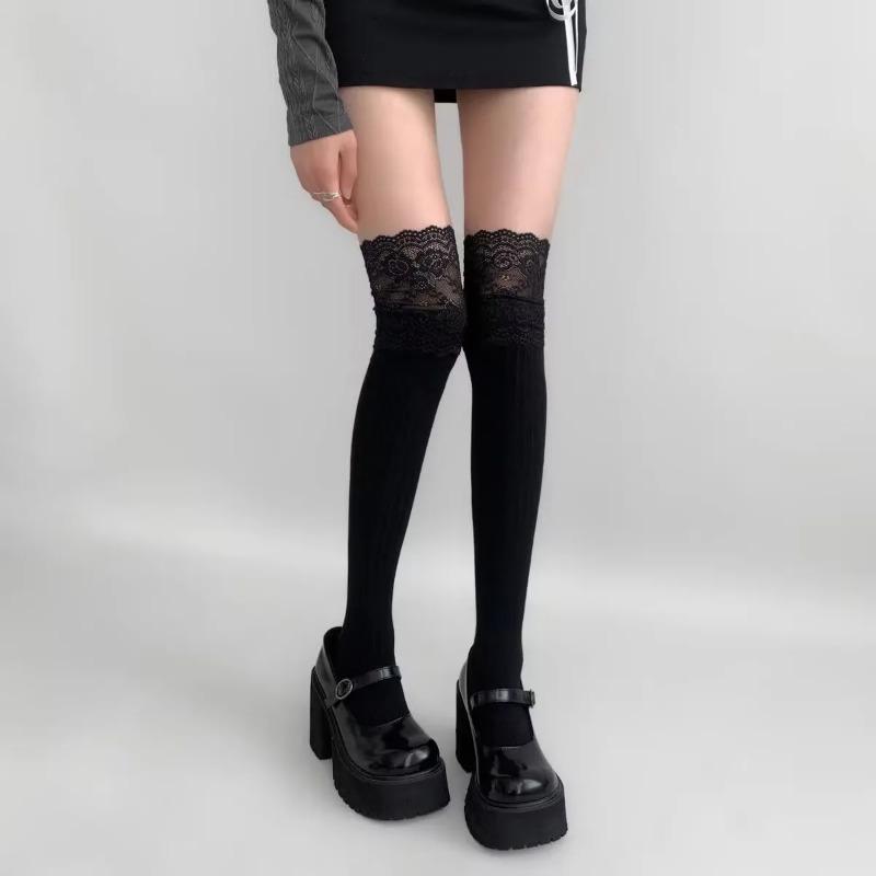 Women's Floral Lace Calf Socks Lolita Girls Thigh High Over Knee Stockings Retro Warm Boot Socks  JK Style