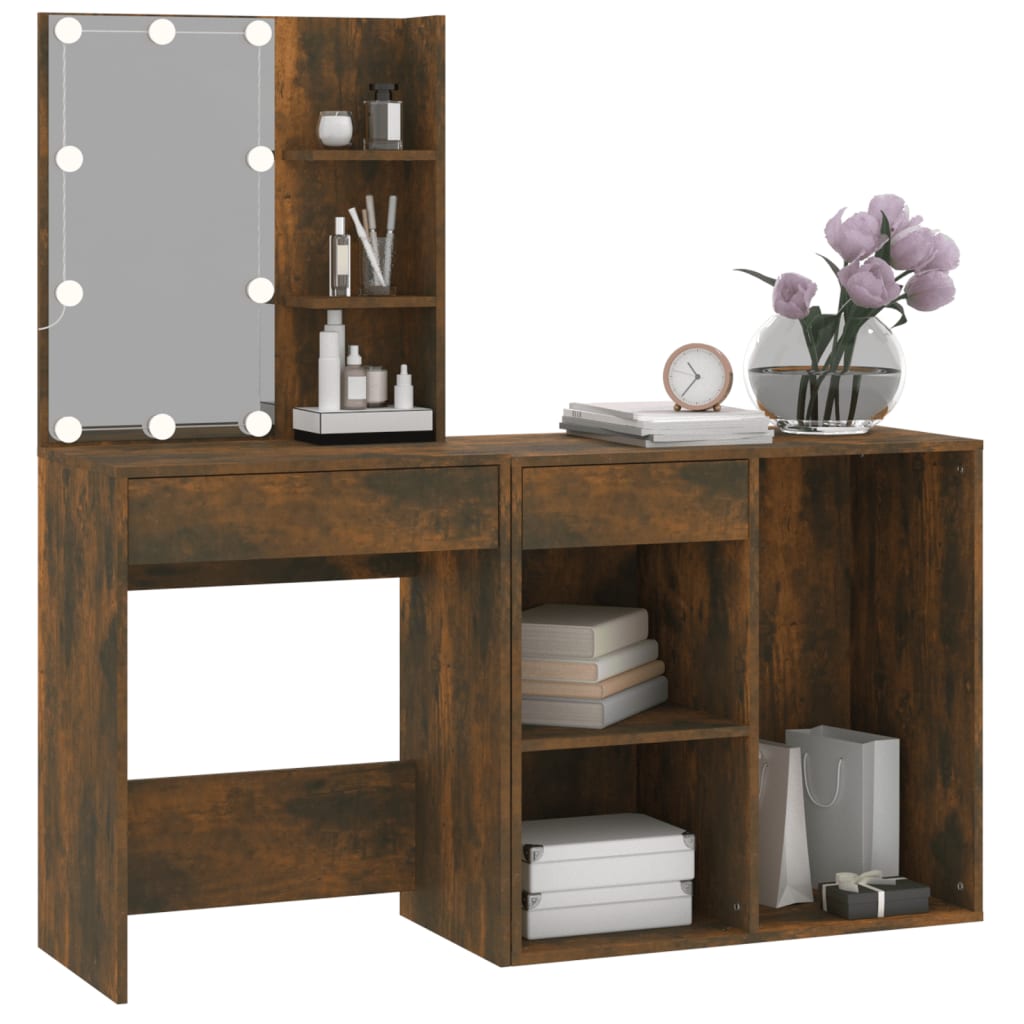 LED Vanity Table with Cabinet Smoked Oak Wood Based Material