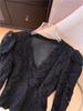 Women's Fluffy Lace Puff Sleeve V-Neck Top - Slimming Autumn/Winter Style