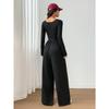 Long Sleeve Square Neck Solid Color Wide Leg Casual Jumpsuit