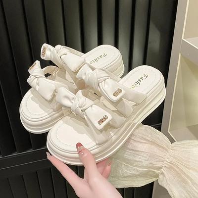Fashion Slip-on Sandals for Women, New Summer 2024 Muffin Thick Soled Preppy Bow Open-toed Roman Shoes