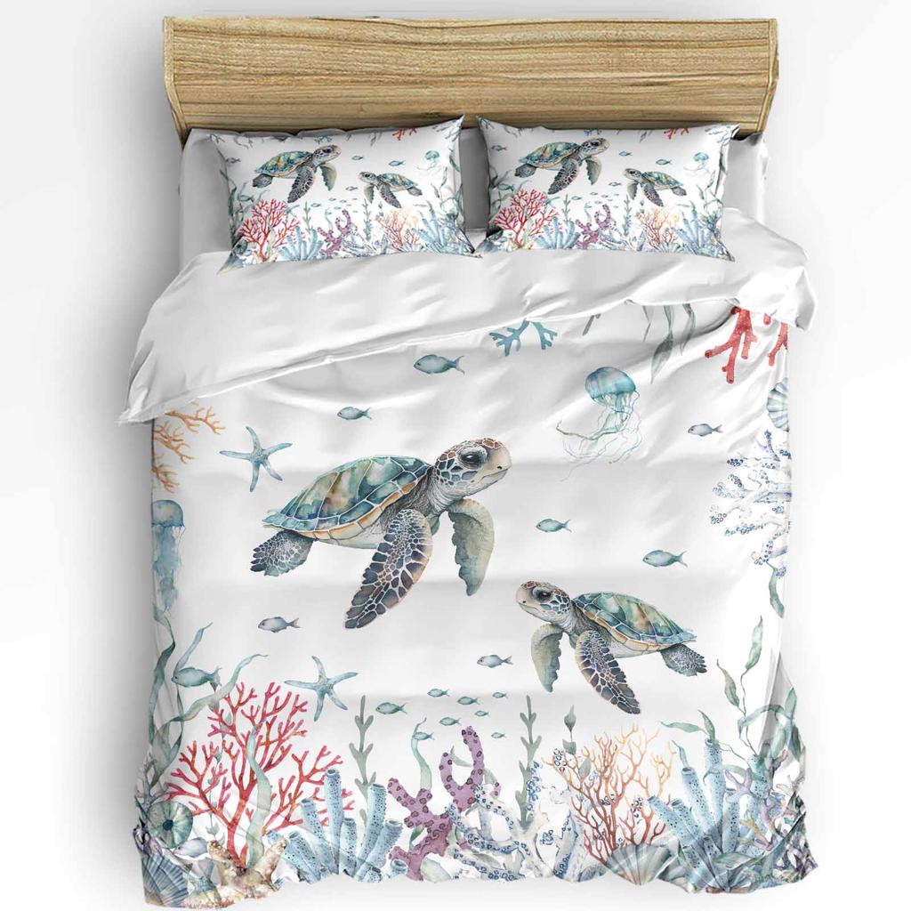 Nautical Theme Sea Turtle Starfish Compass Duvet Cover with Pillow Case 3pcs Bedding Set Quilt Cover Double Bed Home Textile