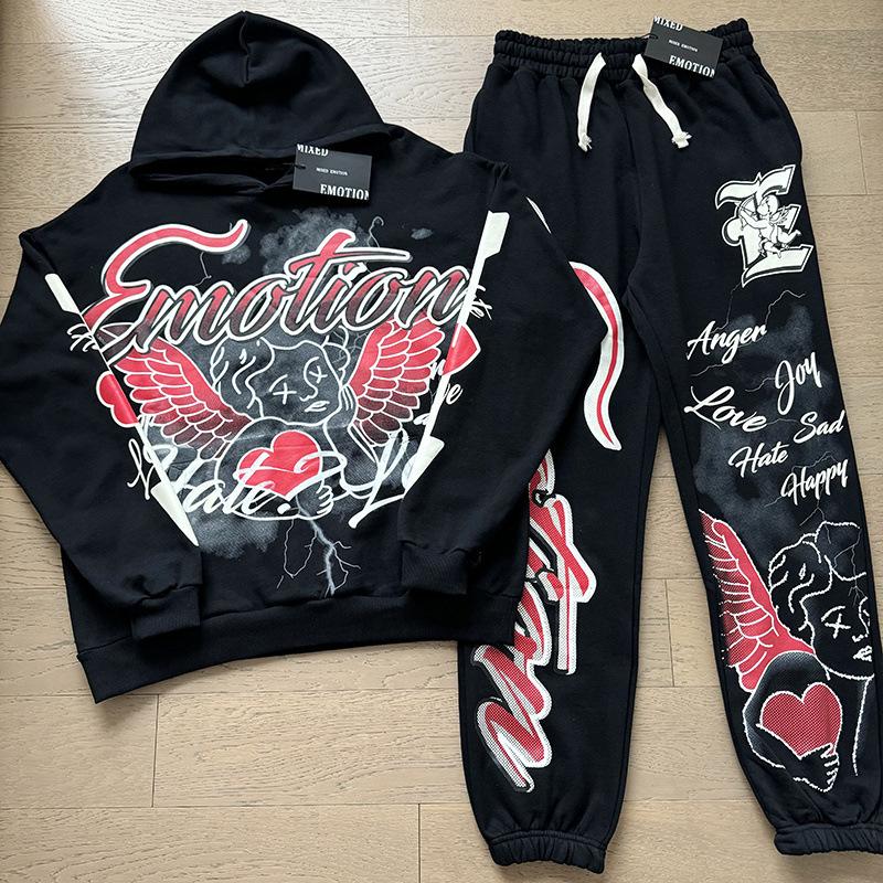 Unisex Rhinestone Zipper Hooded Cardigan & Sweatpants Set with Letter Print.