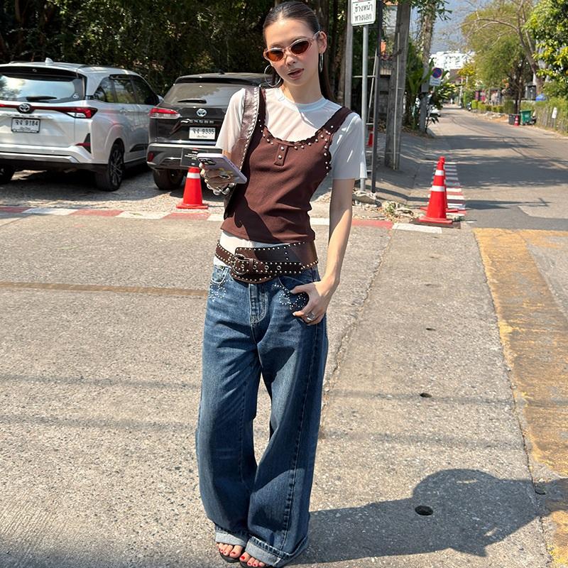 

Rivet Vest Mesh Short-sleeve Round-neck Two-piece T-shirt One Size шоколадный