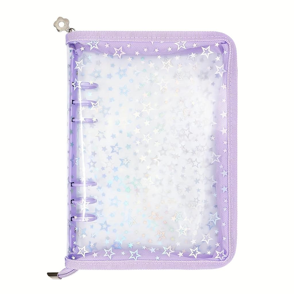 Sticker Storage Organizer Binder A5 Sticker Collecting Book Reusable Zipper Album with Clear Laser Star Cover and Pocket Pages