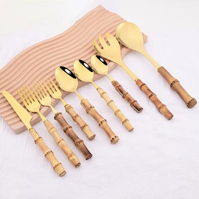 1Pc 304 Edelstahl Geschirr Holz Bambus Griff Besteck Messer Salat Gabel Tee Löffel Geschirr Westlichen Portion Gabel Löffel besteck