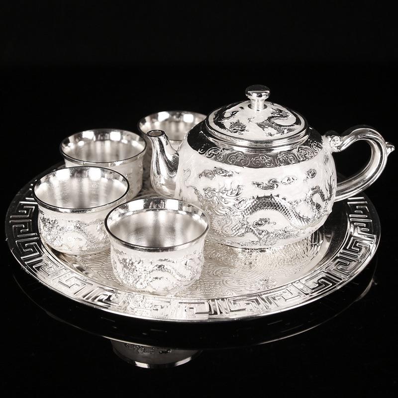 Dragon & Phoenix Sterling Silver Tea & Wine Set: 1 Plate, 1 Pot, 4 Cups in Chinese Gift Box