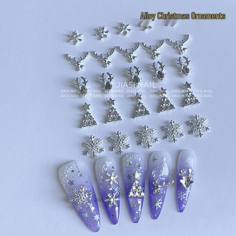 Silver Alloy Christmas Bow Nail Decorations: Light Luxury Styles with Snowflake & Bell Designs