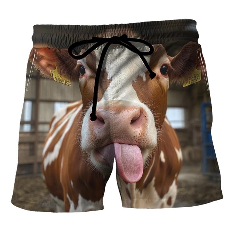 Funny Cows Pattern Beach Shorts Fashion Summer Vacation 3D Animals Printed Mens Board Shorts Casual Breathable Loose Swim Trunks