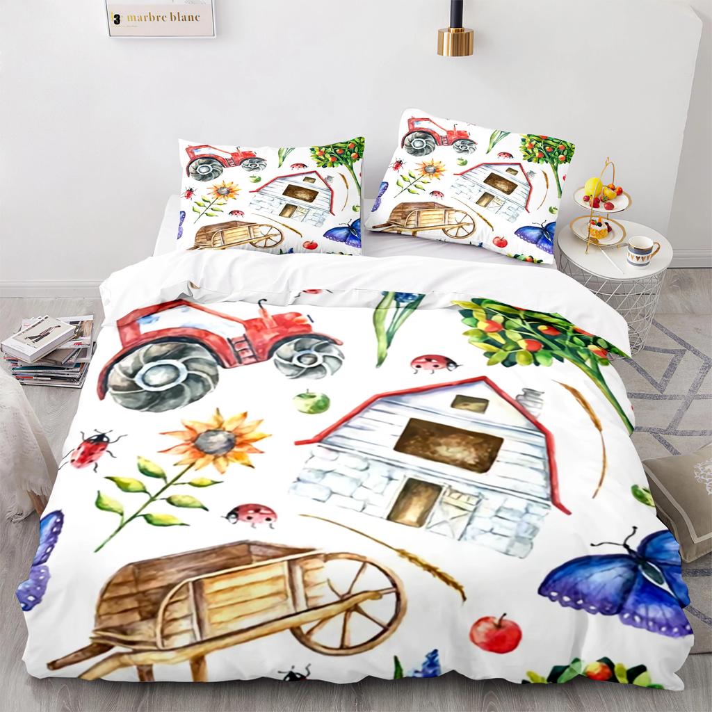 Cartoon Tractor King Queen Duvet Cover Watercolor Style Excavator Bedding Set For Kids Machinery Bulldozer Polyester Quilt Cover