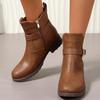Novas Botas de Cano Curto Populares com Fivela Retro e Tira para Mulheres Salto Baixo Plataforma Marrom Botas de Couro Femininas Outono Zíper Lateral Botas Curtas