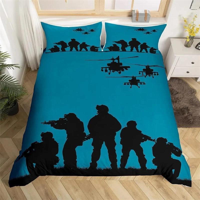 Soldier Duvet Cover Set Army Rifle Machine Gun Bedding Set For Boys Under Mission Army Bedclothes Military Polyester Quilt Cover