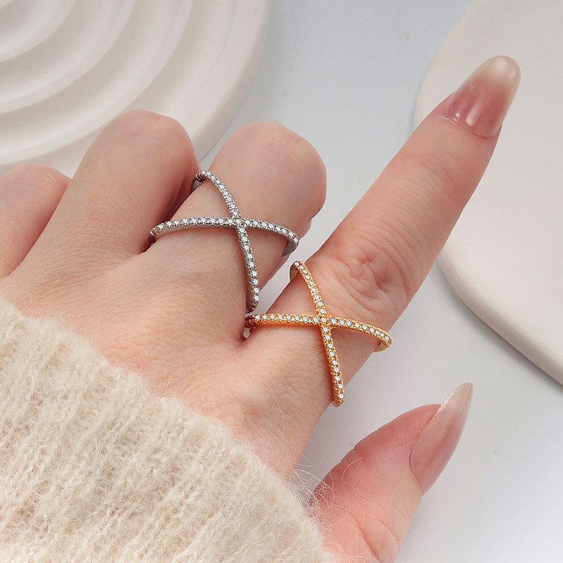 Minimalist Micro Paved Zircon Cross Geometric Open Ring Luxury Personalized High End Fashion Jewelry For Women