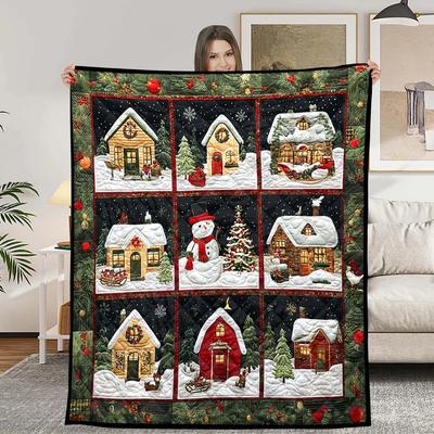 Christmas Village Blanket Cozy Winter Holiday Throw Blanket Snowman House Quilt for Sofa Couch Bed Xmas Home Decor Blanket Gift