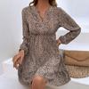 Leopard Print Women's Spring Dress V Neck Lantern Sleeve High Waist Pleated