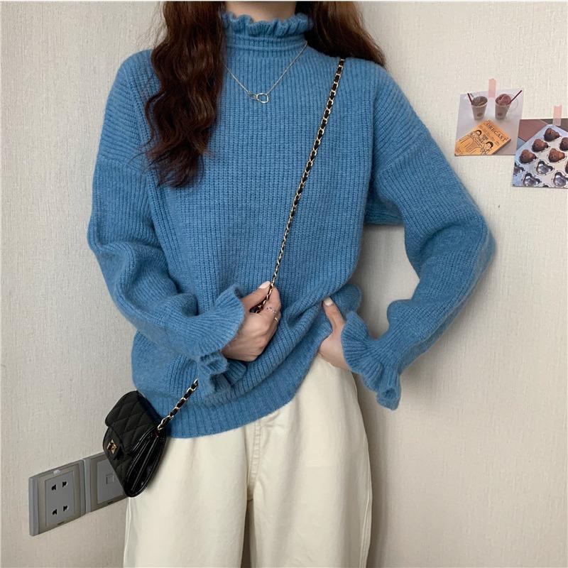 Autumn Winter Ruffles Half High Collar Solid Bottomed Sweater Women Simple All-match Pullover Knitting Top