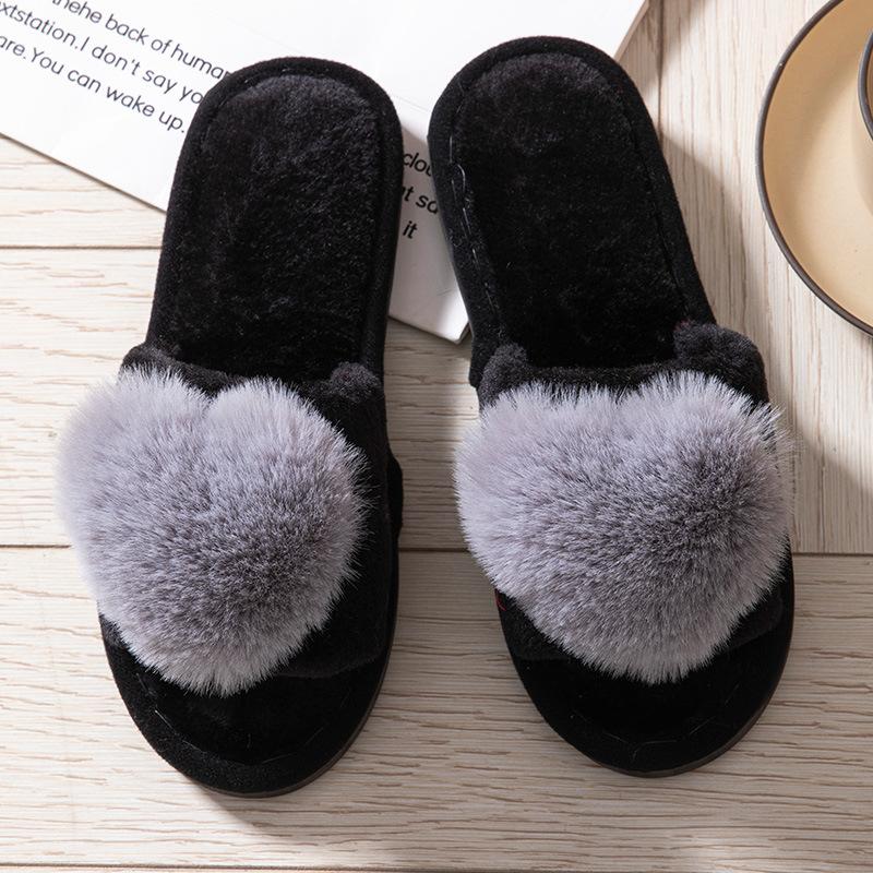 Love Open Fluffy Open-toed Warm Autumn and Winter Four-season Open Cotton Slippers Home Slippers