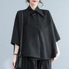Women's Loose Long Sleeved Shirt with Personality Design Mid Length Asymmetrical Shirt Black Top