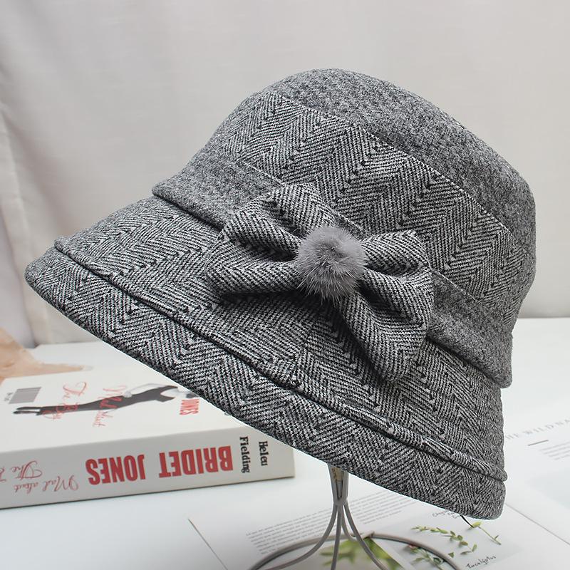 Middle-aged and Elderly Hat Lady Autumn and Winter Warm Woolen Bucket Hat Mother Grandma Old Lady Hat Bow Basin Hat