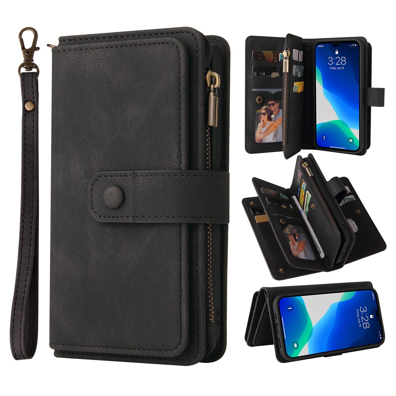 

For iPhone 15 Pro Zipper Wallet Case with 15 Card Slots and Strap Leather Phone Cover Black