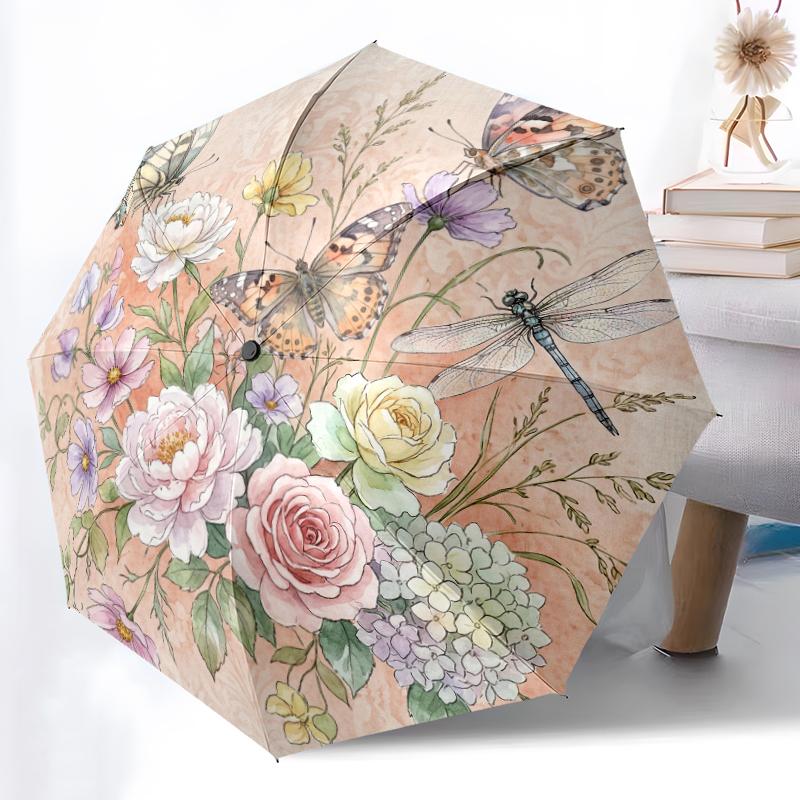 1pc Sturdy 8-Bone Auto Umbrella, Sky Blue Butterfly Lily Cluster Umbrella, Digital Printed, Foldable Umbrella for On-the-Go Outdoor Use